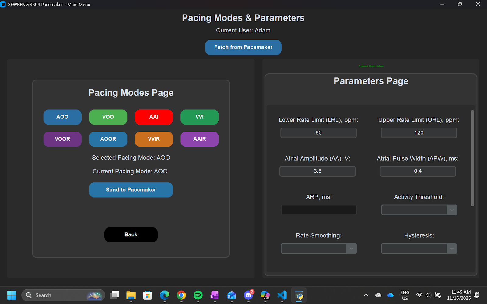 DCM Pacing Modes Interface